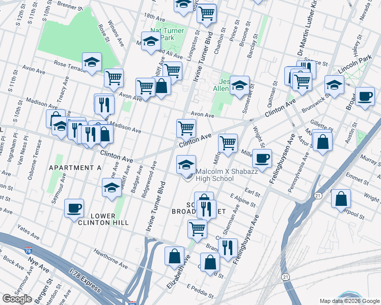 map of restaurants, bars, coffee shops, grocery stores, and more near 324 Clinton Avenue in Newark