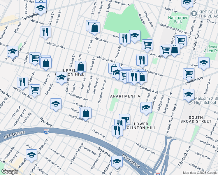 map of restaurants, bars, coffee shops, grocery stores, and more near 588-592 Clinton Avenue in Newark