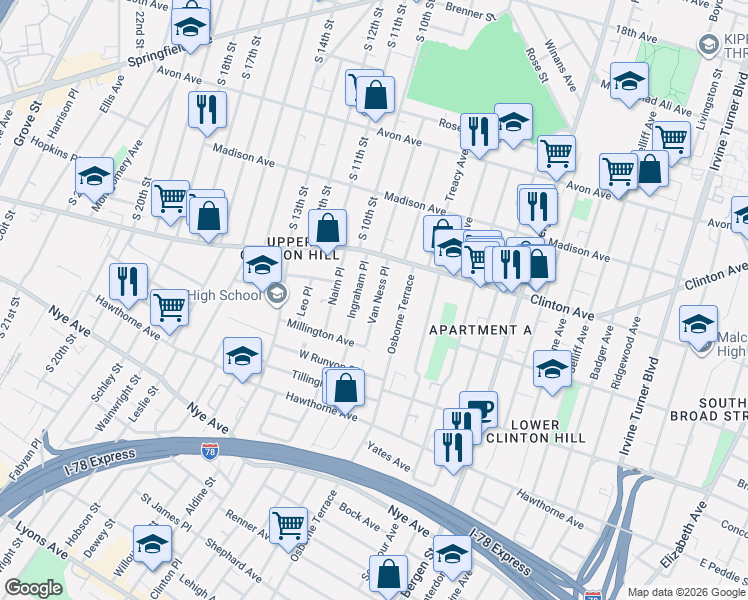 map of restaurants, bars, coffee shops, grocery stores, and more near 21 Van Ness Place in Newark
