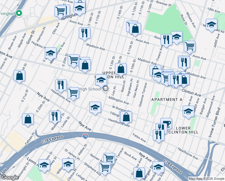 map of restaurants, bars, coffee shops, grocery stores, and more near 32 Vernon Avenue in Newark