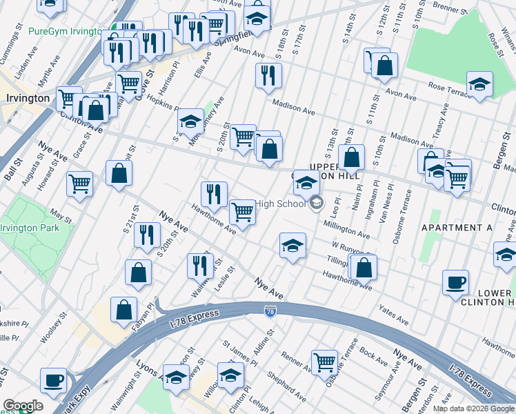 map of restaurants, bars, coffee shops, grocery stores, and more near 33-35 Leslie Street in Newark