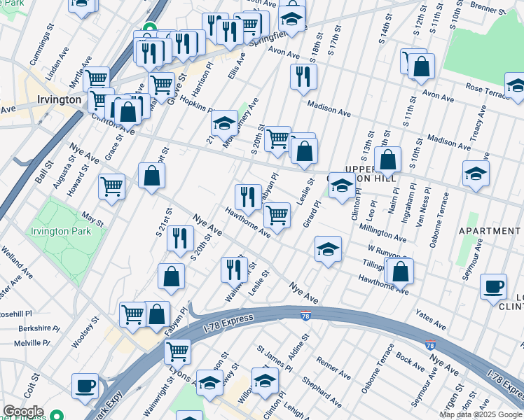 map of restaurants, bars, coffee shops, grocery stores, and more near 33 Beverly Street in Newark