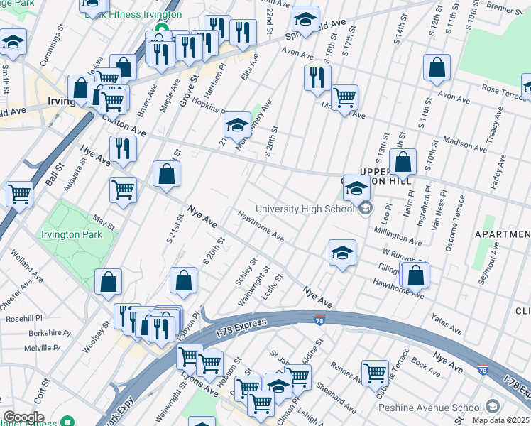 map of restaurants, bars, coffee shops, grocery stores, and more near 60 Beverly Street in Newark