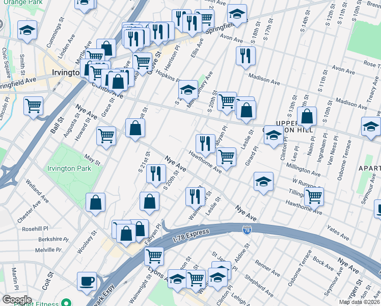 map of restaurants, bars, coffee shops, grocery stores, and more near 48-54 South 20th Street in Irvington