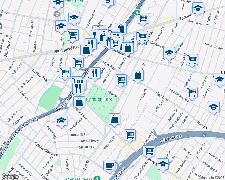 map of restaurants, bars, coffee shops, grocery stores, and more near 191 Maple Avenue in Irvington