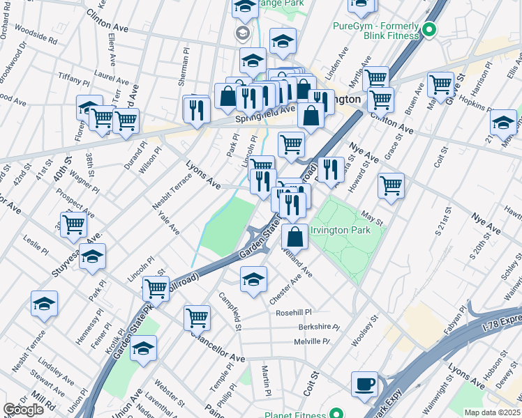 map of restaurants, bars, coffee shops, grocery stores, and more near 753 Lyons Avenue in Irvington