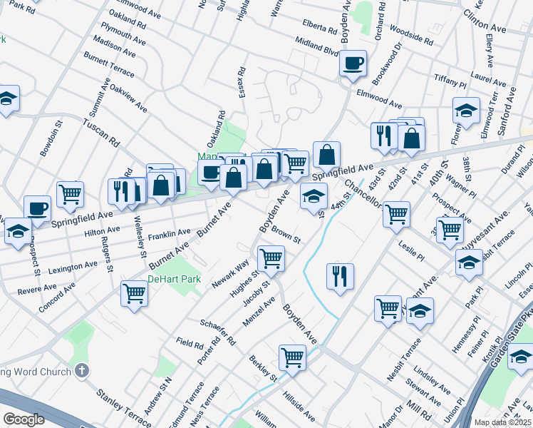 map of restaurants, bars, coffee shops, grocery stores, and more near 1581-85 Springfield Avenue in Maplewood