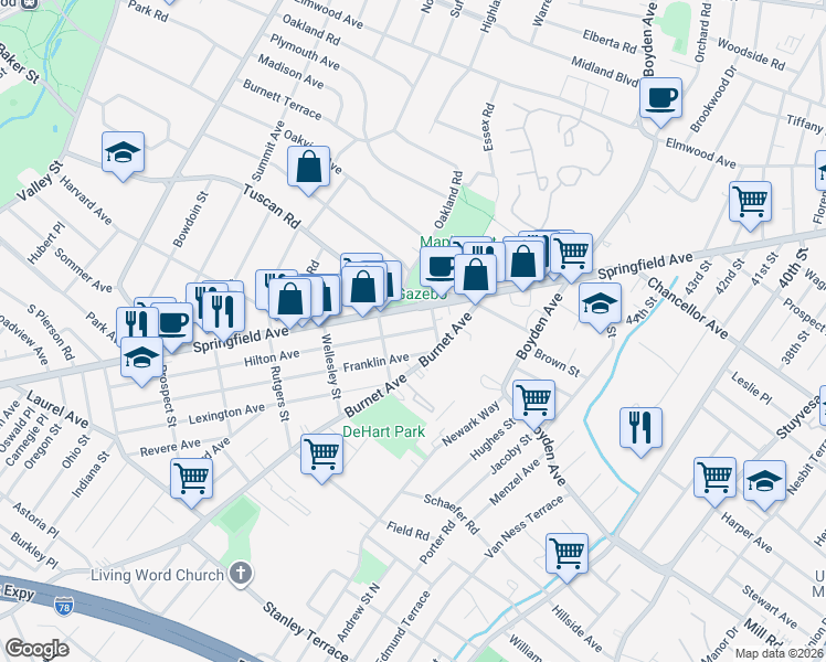 map of restaurants, bars, coffee shops, grocery stores, and more near 1677 Springfield Avenue in Maplewood