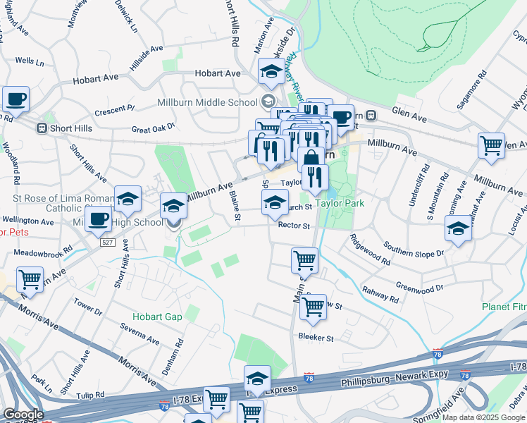 map of restaurants, bars, coffee shops, grocery stores, and more near 111 Spring Street in Essex County