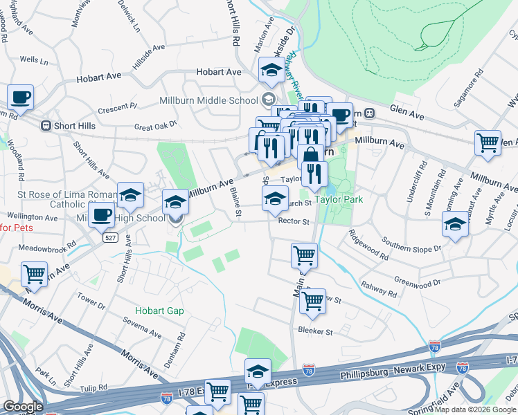 map of restaurants, bars, coffee shops, grocery stores, and more near 111 Spring Street in Essex County