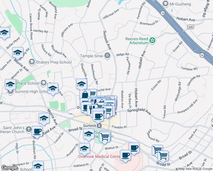 map of restaurants, bars, coffee shops, grocery stores, and more near 48 Hawthorne Place in Summit