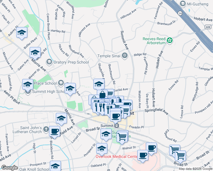 map of restaurants, bars, coffee shops, grocery stores, and more near 17 Shadyside Avenue in Summit