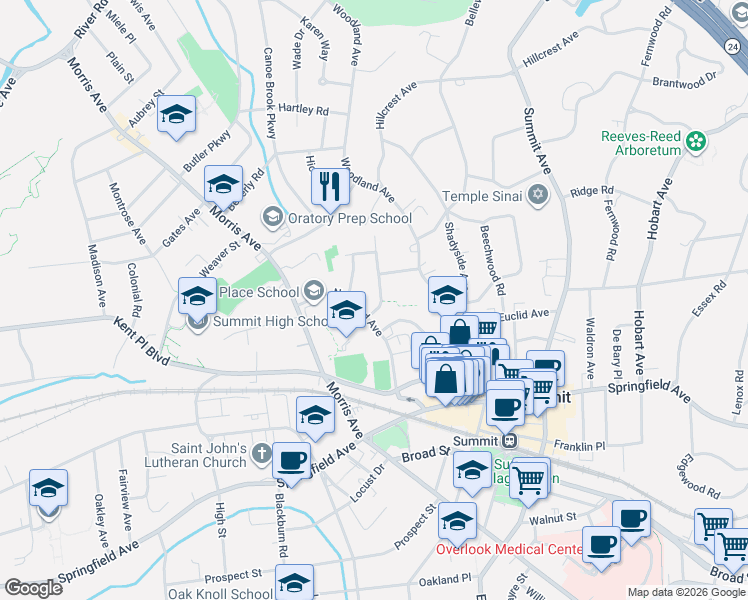map of restaurants, bars, coffee shops, grocery stores, and more near 7 Lorraine Road in Summit