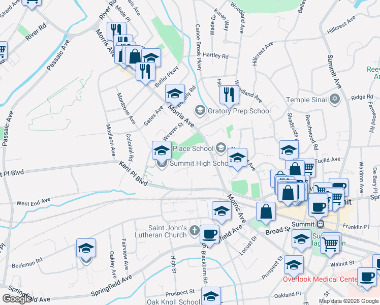 map of restaurants, bars, coffee shops, grocery stores, and more near 412 Morris Avenue in Summit