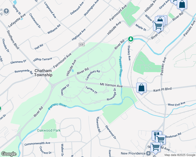 map of restaurants, bars, coffee shops, grocery stores, and more near 7 Canterbury Road in Chatham Township