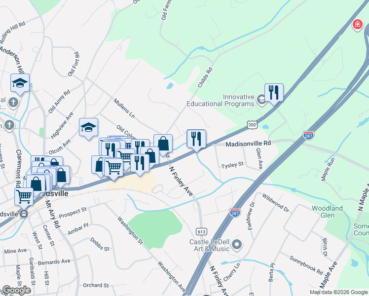 map of restaurants, bars, coffee shops, grocery stores, and more near 6B Somerset Hills Village in Bernardsville