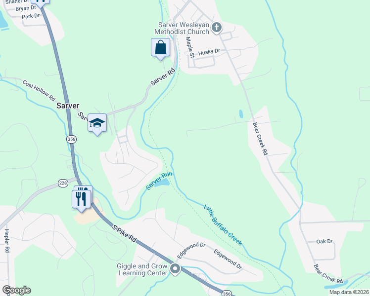 map of restaurants, bars, coffee shops, grocery stores, and more near 252 Bear Creek Road in Sarver