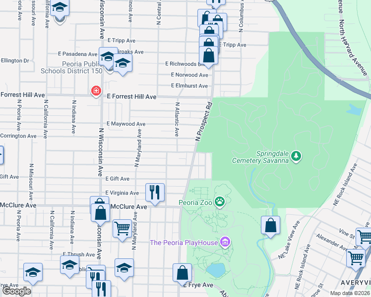 map of restaurants, bars, coffee shops, grocery stores, and more near 1207 East Corrington Avenue in Peoria