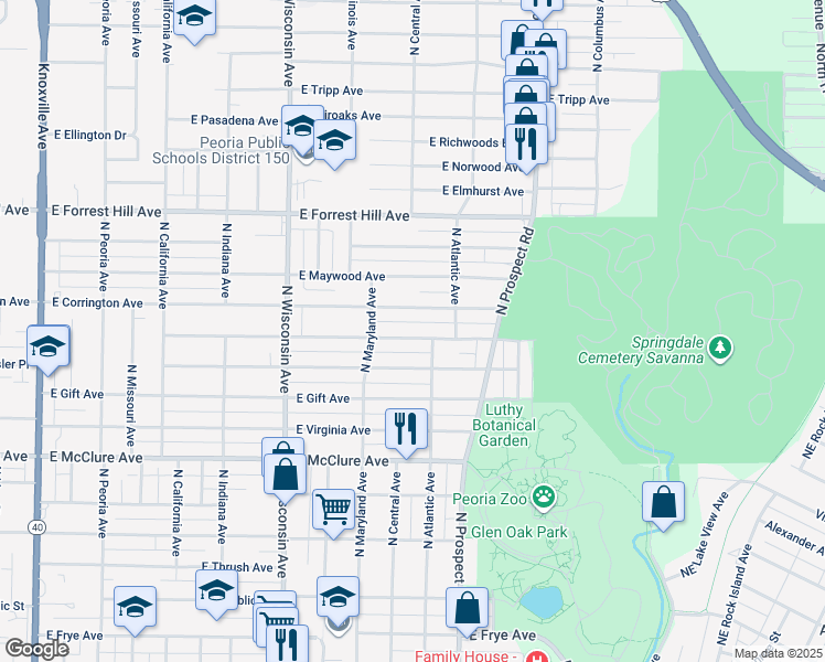 map of restaurants, bars, coffee shops, grocery stores, and more near 1114 East Corrington Avenue in Peoria