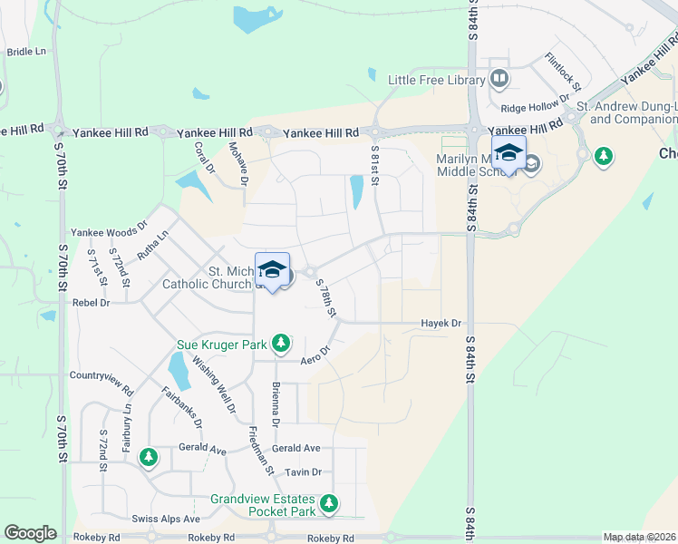 map of restaurants, bars, coffee shops, grocery stores, and more near 7905 Yankee Woods Drive in Lincoln