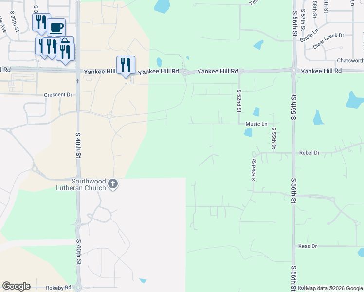 map of restaurants, bars, coffee shops, grocery stores, and more near 4801 Music Lane in Lincoln