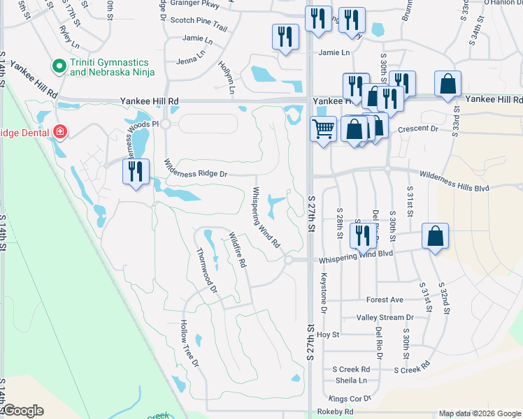 map of restaurants, bars, coffee shops, grocery stores, and more near 8920 Whispering Wind Road in Lincoln