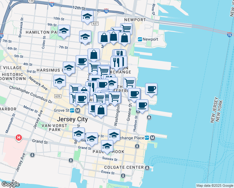 map of restaurants, bars, coffee shops, grocery stores, and more near 389 Washington Street in Jersey City