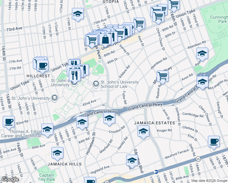 map of restaurants, bars, coffee shops, grocery stores, and more near 176-33 Kildare Road in Queens