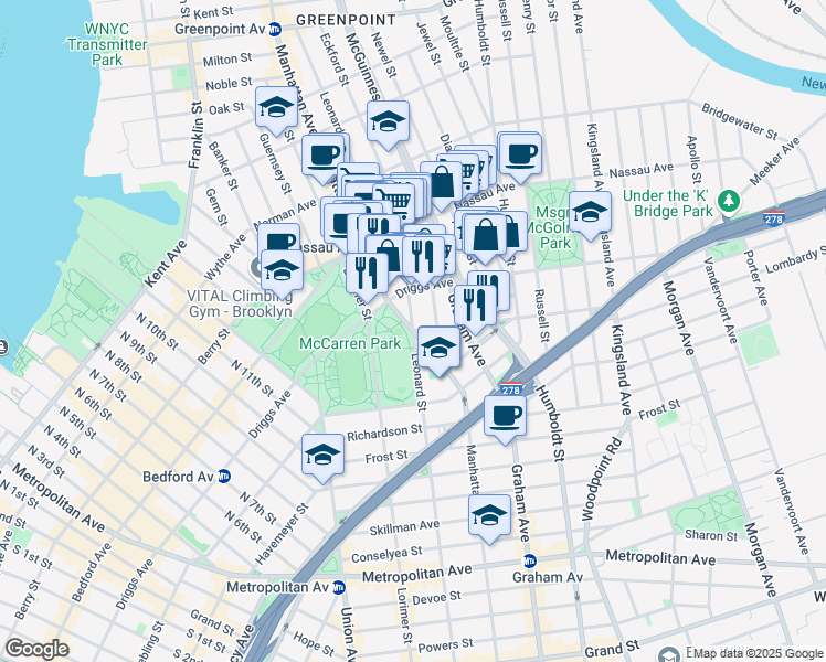 map of restaurants, bars, coffee shops, grocery stores, and more near Manhattan Avenue in Brooklyn