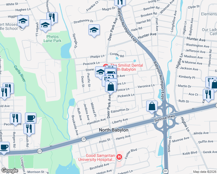 map of restaurants, bars, coffee shops, grocery stores, and more near 794 Deer Park Avenue in North Babylon