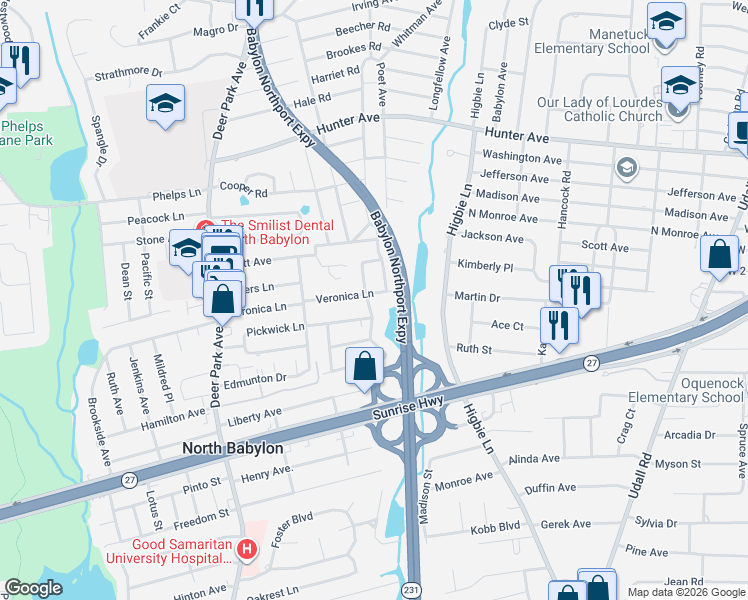 map of restaurants, bars, coffee shops, grocery stores, and more near 48 Embargo Place in North Babylon