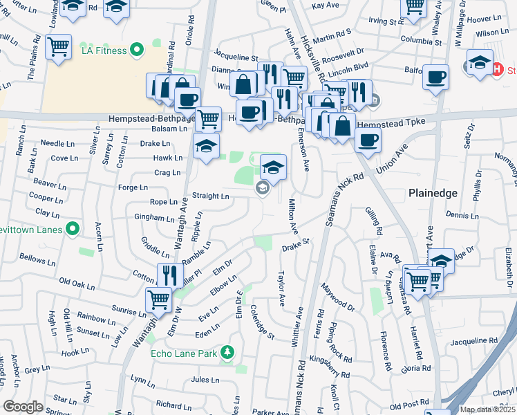 map of restaurants, bars, coffee shops, grocery stores, and more near 55 Straight Lane in Levittown