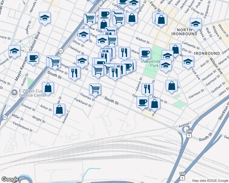 map of restaurants, bars, coffee shops, grocery stores, and more near 297 Jefferson Street in Newark
