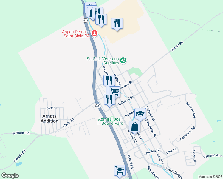map of restaurants, bars, coffee shops, grocery stores, and more near 115 North 2nd Street in Saint Clair