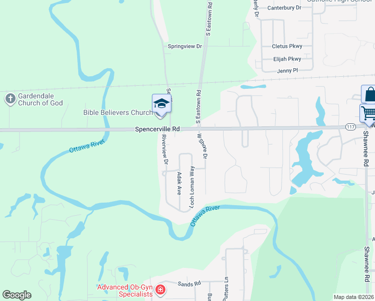 map of restaurants, bars, coffee shops, grocery stores, and more near 3393 Spencerville Road in Lima