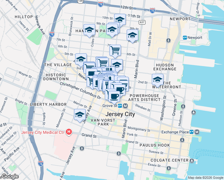 map of restaurants, bars, coffee shops, grocery stores, and more near in Jersey City