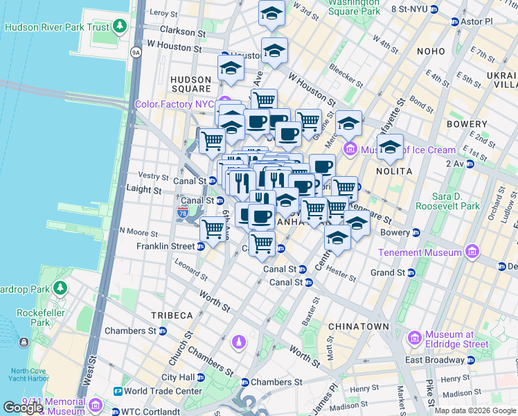 map of restaurants, bars, coffee shops, grocery stores, and more near 78 Grand Street in New York