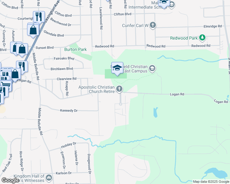 map of restaurants, bars, coffee shops, grocery stores, and more near 455 Logan Road in Mansfield