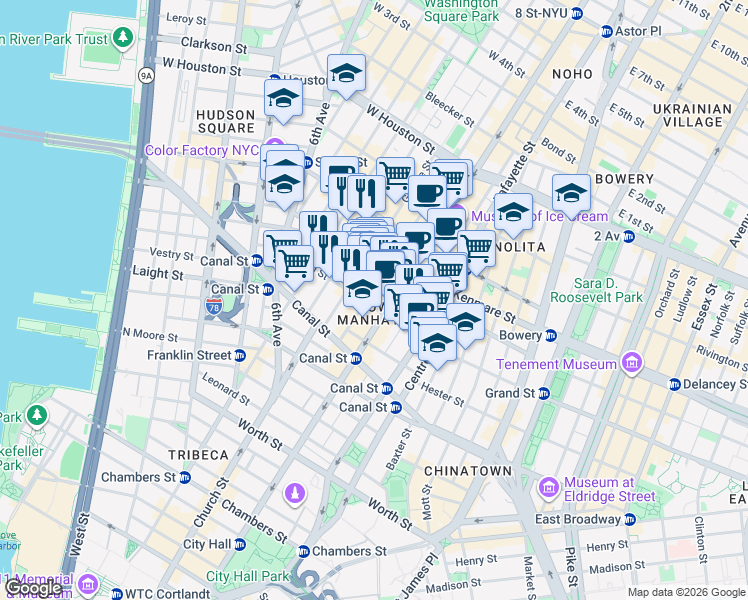 map of restaurants, bars, coffee shops, grocery stores, and more near 40 Mercer Street in New York