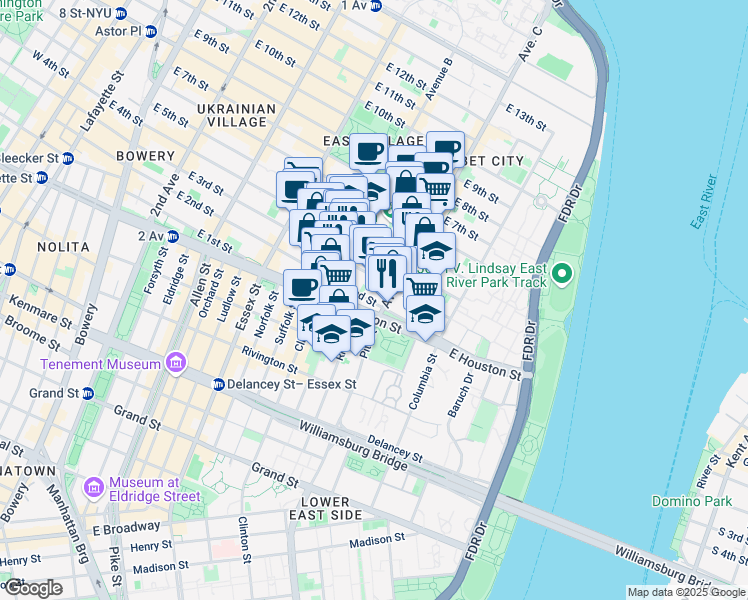 map of restaurants, bars, coffee shops, grocery stores, and more near 242 East 3rd Street in New York