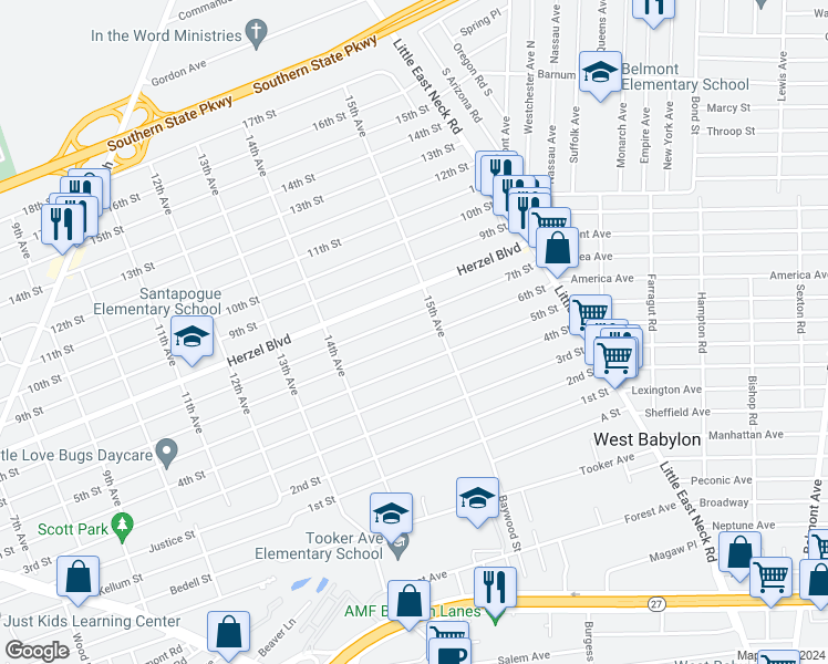map of restaurants, bars, coffee shops, grocery stores, and more near 1472 6th Street in West Babylon