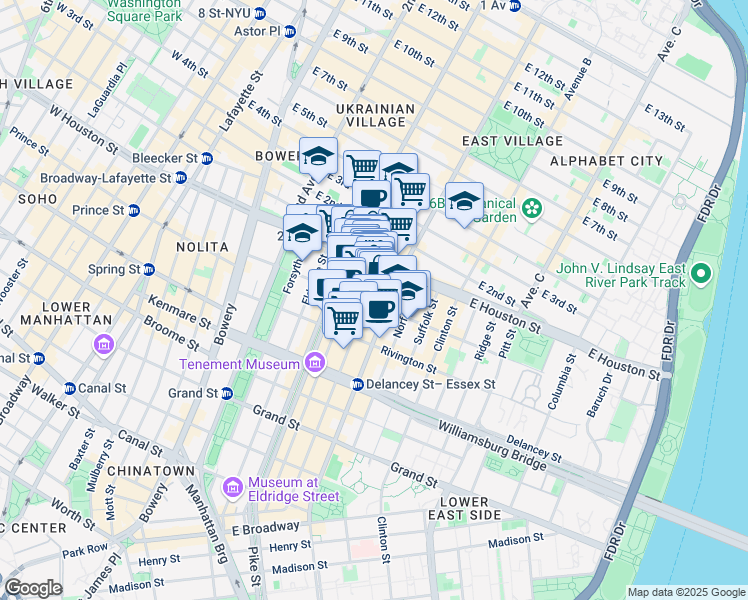 map of restaurants, bars, coffee shops, grocery stores, and more near 179 Ludlow Street in New York