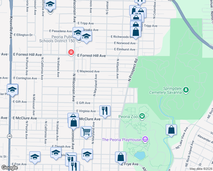 map of restaurants, bars, coffee shops, grocery stores, and more near 1101 East Willcox Avenue in Peoria
