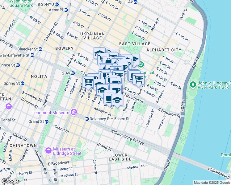 map of restaurants, bars, coffee shops, grocery stores, and more near 287 East Houston Street in New York