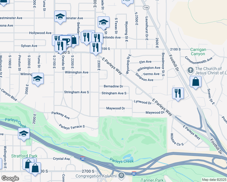 map of restaurants, bars, coffee shops, grocery stores, and more near 2389 Bernadine Drive in Salt Lake City