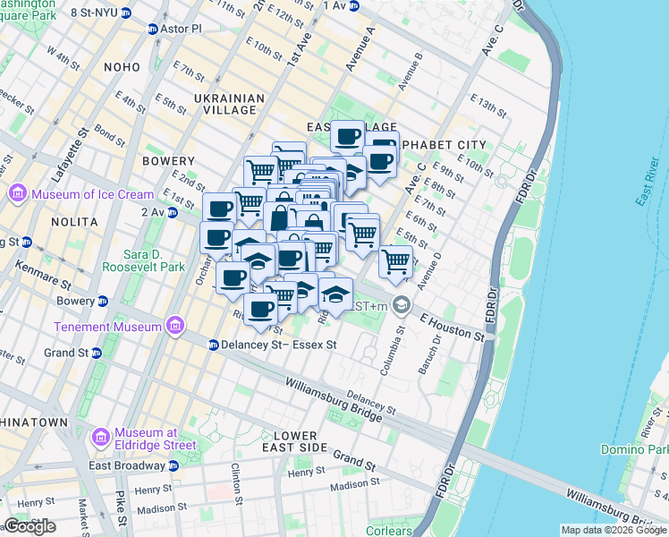 map of restaurants, bars, coffee shops, grocery stores, and more near 231 East 2nd Street in New York