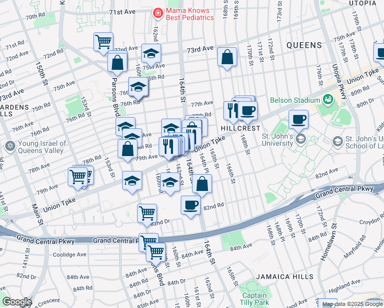 map of restaurants, bars, coffee shops, grocery stores, and more near 164-2 Union Turnpike in Queens