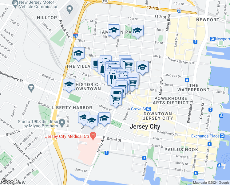 map of restaurants, bars, coffee shops, grocery stores, and more near 240 County Road 639 in Jersey City