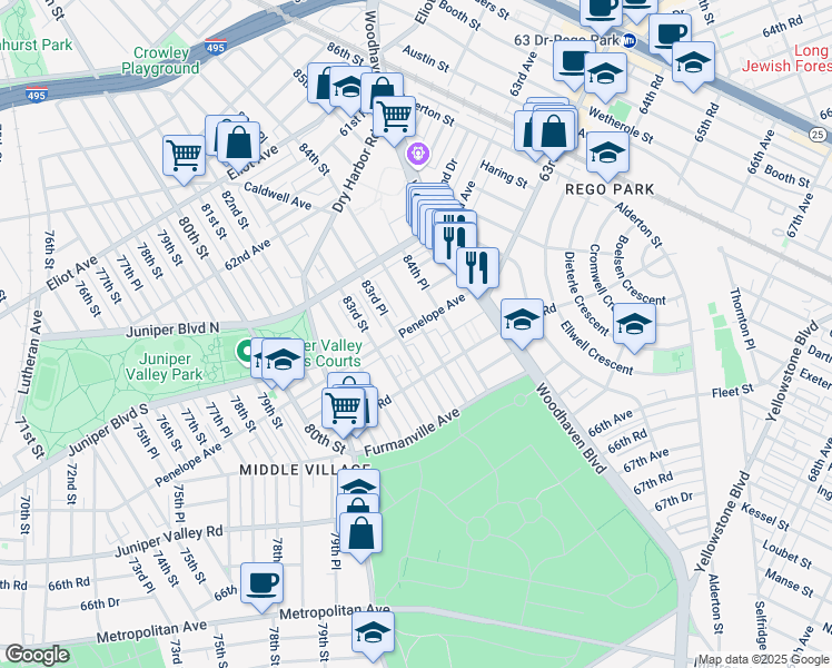 map of restaurants, bars, coffee shops, grocery stores, and more near 63-52 84th Street in Queens