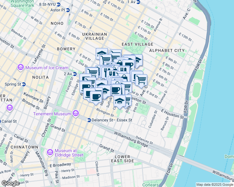 map of restaurants, bars, coffee shops, grocery stores, and more near 250 East Houston Street in New York
